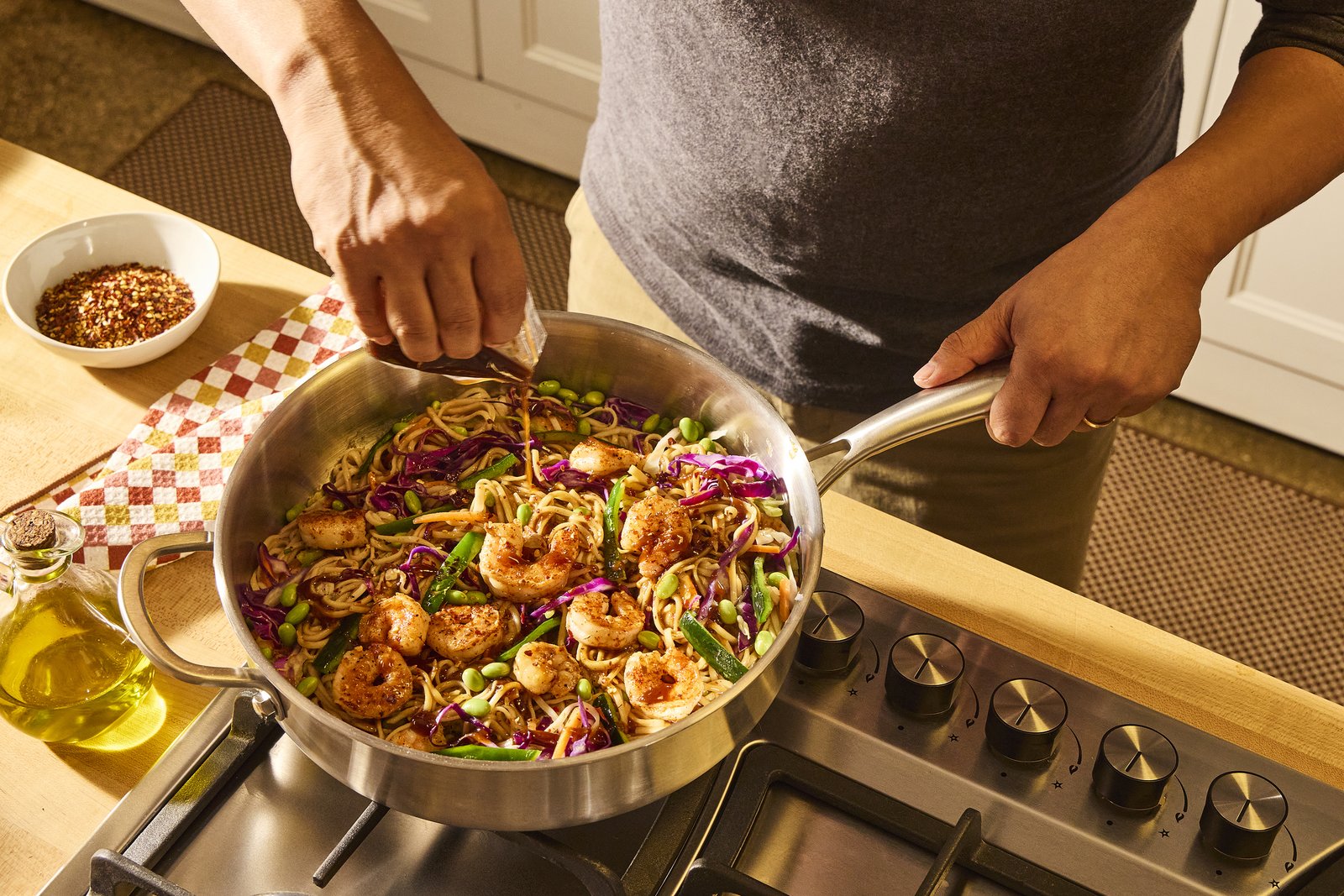 Shrimp noodles finished in the pan on the stove